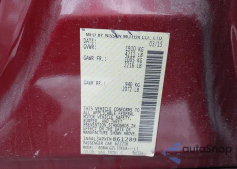 2015 Nissan Altima 2.5 S из США, поврежденный, VIN 1N4AL3APXFN861289